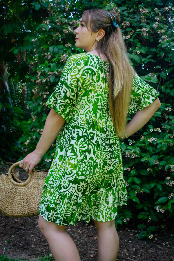 Cosmopolitan Short Dress in Lime Inca Symbol