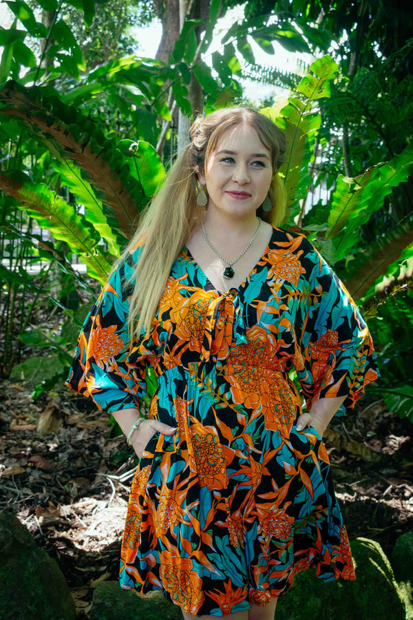 Akari Short Dress in Orange Heliconia