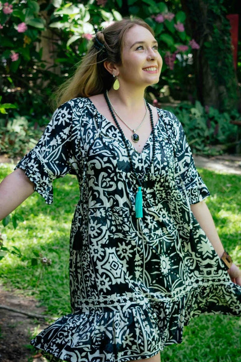 Cosmopolitan Short Dress - Black Inca Symbol - zaphire_kuranda