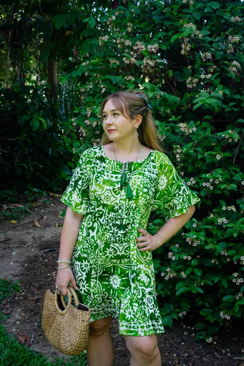 Cosmopolitan Short Dress - Lime Inca Symbol - zaphire_kuranda